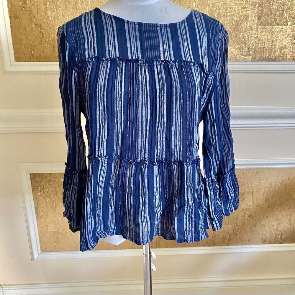 Blue Rain blue boho stripes tiers style blouse M